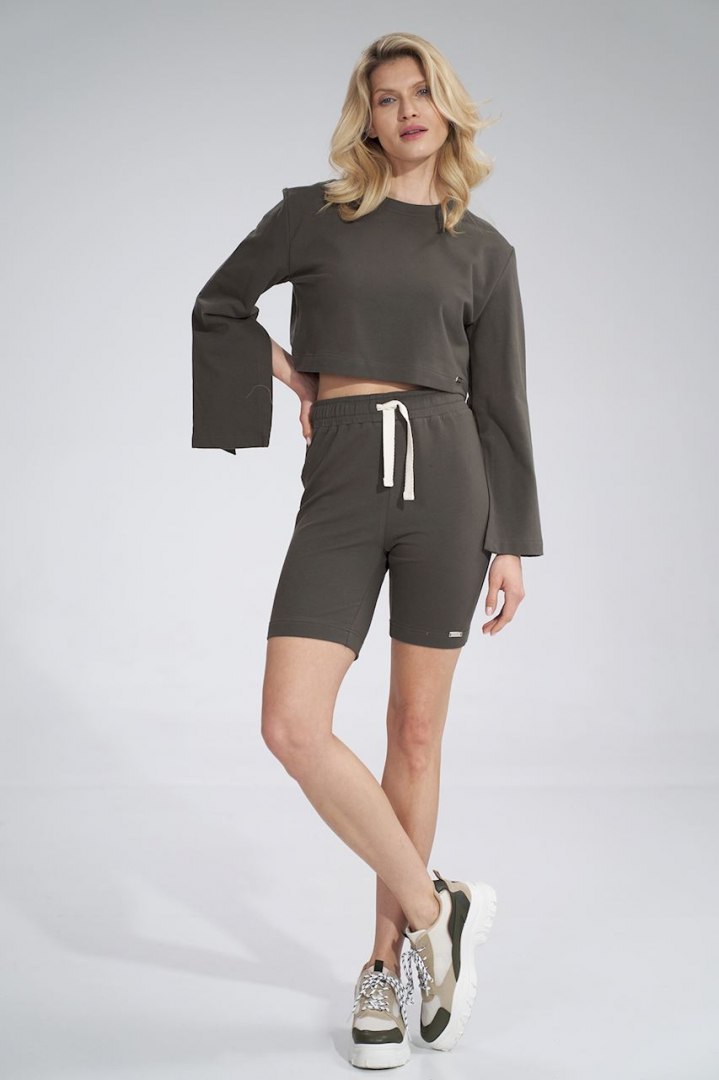 Bluza damska krótka z rozciętym rękawem bawełniana oliwkowa M774 Bluza damska krótka z rozciętym rękawem bawełniana oliwkowa M774