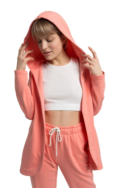 Bluza damska dresowa bez zapięcia z dzianiny z kapturem koralowa LA058 Bluza damska dresowa bez zapięcia z dzianiny z kapturem koralowa LA058