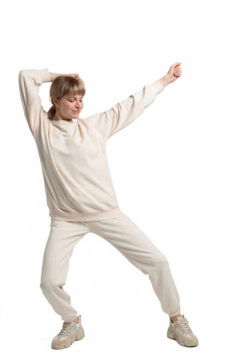 Bluza damska oversize dresowa z dzianiny ze ściągaczem waniliowa LA057 Bluza damska oversize dresowa z dzianiny ze ściągaczem waniliowa LA057