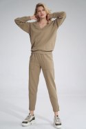 Spodnie damskie sportowe z gumą w pasie bawełniane beżowe M778