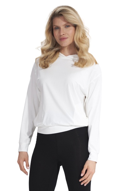 Bluza damska cienka z wiskozy z kapturem i kieszeniami biała M770 Bluza damska cienka z wiskozy z kapturem i kieszeniami biała M770