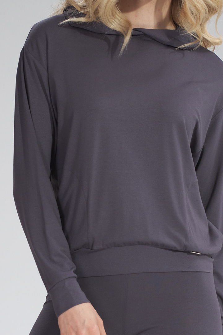 Bluza damska cienka z wiskozy z kapturem i kieszeniami ciemny/szary M770 Bluza damska cienka z wiskozy z kapturem i kieszeniami ciemny/szary M770