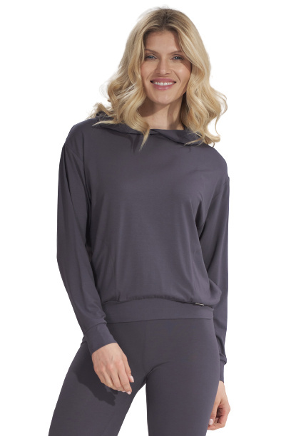 Bluza damska cienka z wiskozy z kapturem i kieszeniami ciemny szary M770 Bluza damska cienka z wiskozy z kapturem i kieszeniami ciemny szary M770
