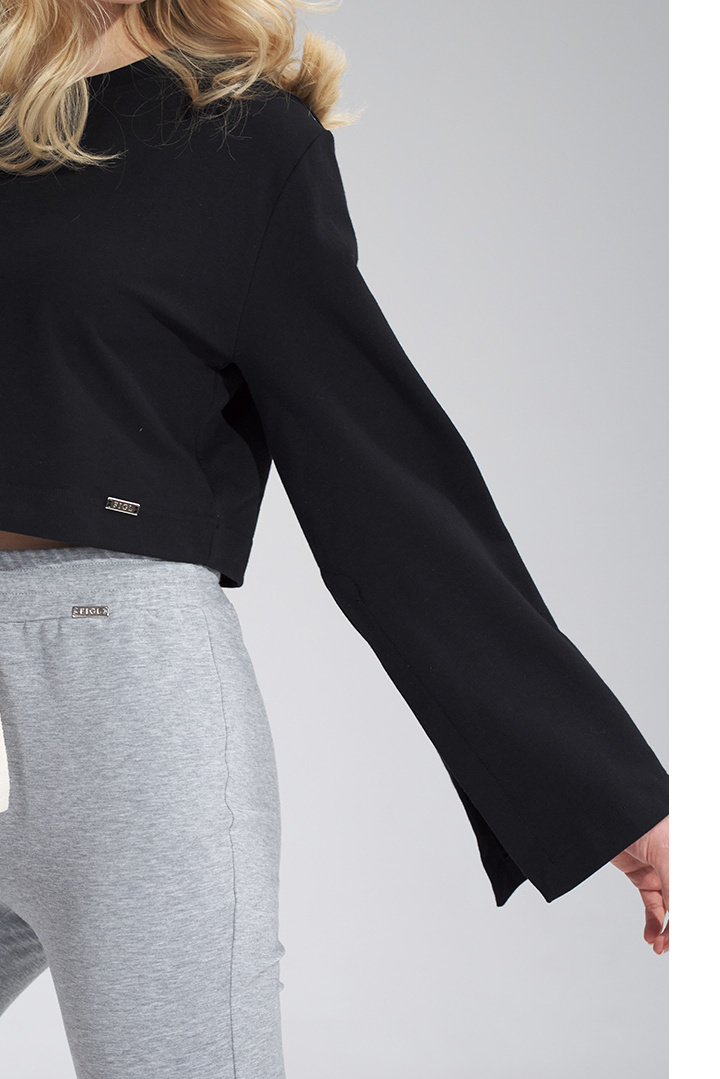 Bluza damska krótka z rozciętym rękawem bawełniana czarna M774 Bluza damska krótka z rozciętym rękawem bawełniana czarna M774