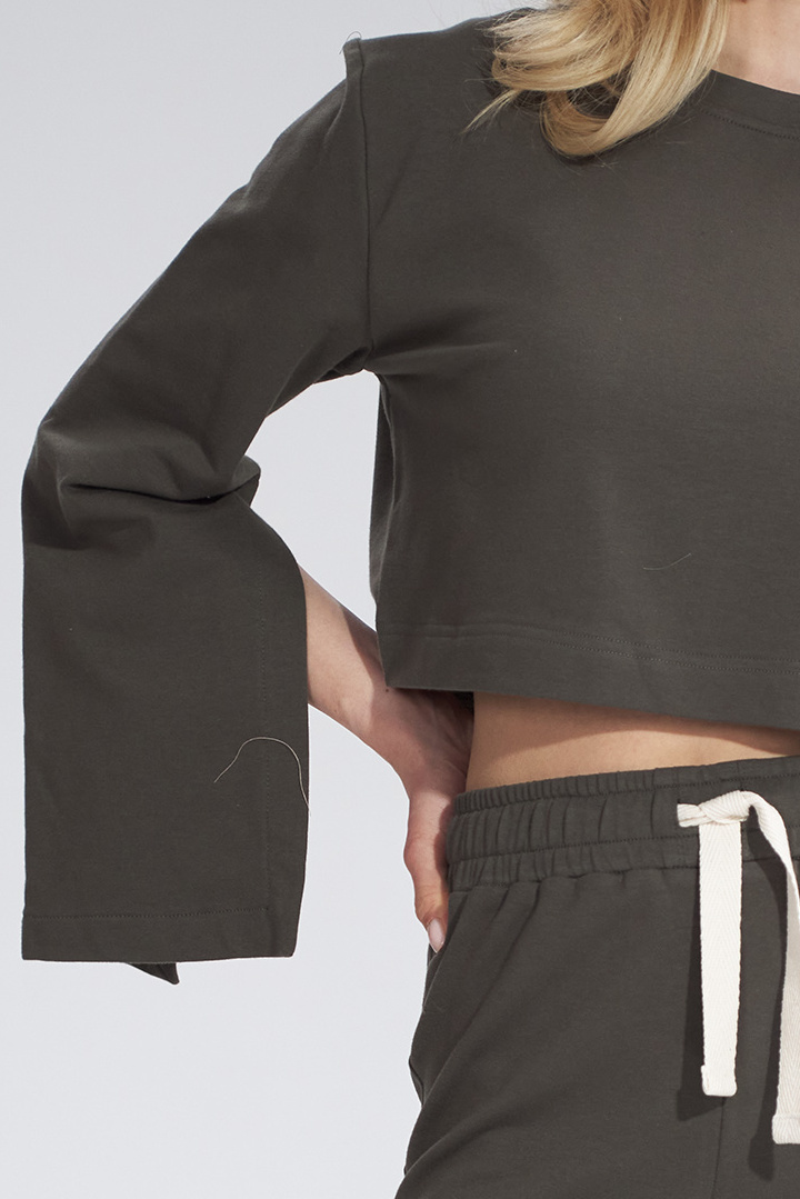Bluza damska krótka z rozciętym rękawem bawełniana oliwkowa M774 Bluza damska krótka z rozciętym rękawem bawełniana oliwkowa M774
