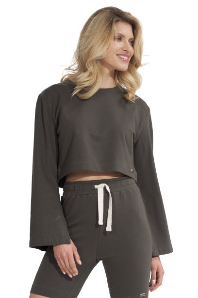 Bluza damska krótka z rozciętym rękawem bawełniana oliwkowa M774 Bluza damska krótka z rozciętym rękawem bawełniana oliwkowa M774