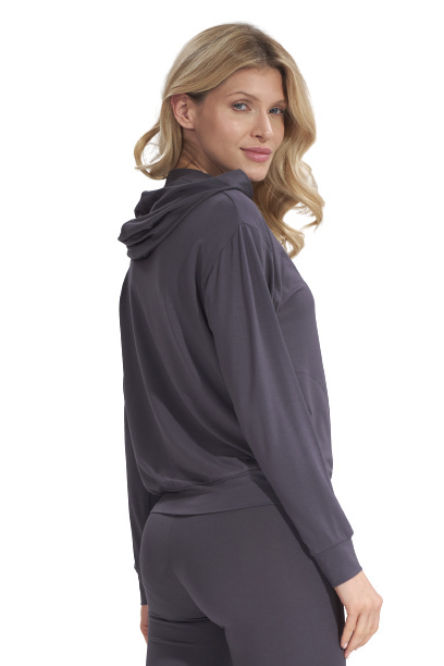 Bluza damska cienka z wiskozy z kapturem i kieszeniami ciemny/szary M770 Bluza damska cienka z wiskozy z kapturem i kieszeniami ciemny/szary M770