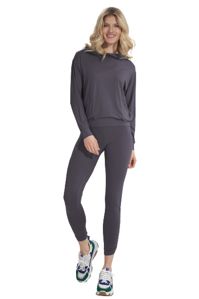 Bluza damska cienka z wiskozy z kapturem i kieszeniami ciemny/szary M770 Bluza damska cienka z wiskozy z kapturem i kieszeniami ciemny/szary M770