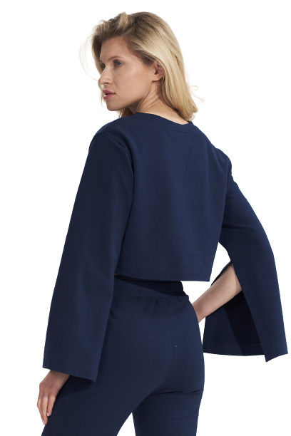 Bluza damska krótka z rozciętym rękawem bawełniana granatowa M774 Bluza damska krótka z rozciętym rękawem bawełniana granatowa M774