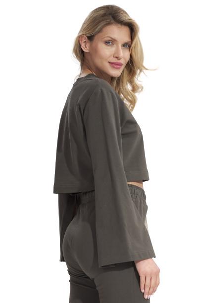 Bluza damska krótka z rozciętym rękawem bawełniana oliwkowa M774 Bluza damska krótka z rozciętym rękawem bawełniana oliwkowa M774