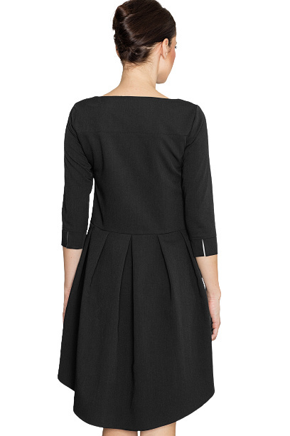 Elegancka sukienka asymetryczna z plisą i rękawem 3/4 czarna K141 Elegancka sukienka asymetryczna z plisą i rękawem 3/4 czarna K141