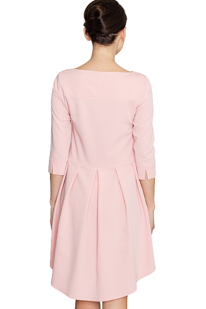 Elegancka sukienka asymetryczna z plisą i rękawem 3/4 różowa K141 Elegancka sukienka asymetryczna z plisą i rękawem 3/4 różowa K141