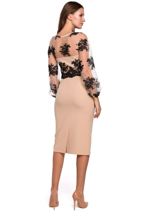 Elegancka sukienka ołówkowa koronkowa góra długi rękaw L XXL beżowa K013 Elegancka sukienka ołówkowa koronkowa góra długi rękaw L XXL beżowa K013