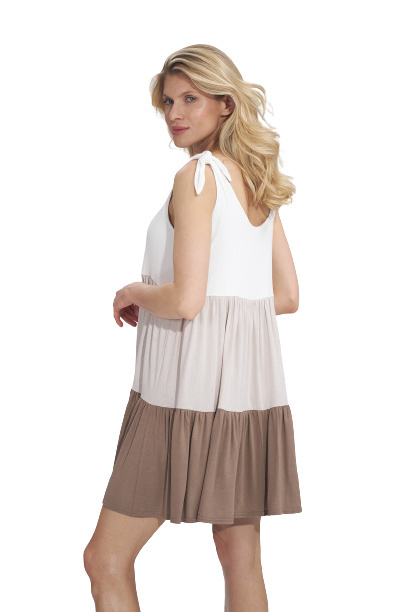 Letnia sukienka mini z wiskozy bez rękawów trzykolorowa mocca M754 Letnia sukienka mini z wiskozy bez rękawów trzykolorowa mocca M754