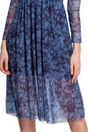 Sukienka rozkloszowana midi z siatki nadruk w kwiaty niebieska XL K064