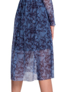 Sukienka rozkloszowana midi z siatki nadruk w kwiaty niebieska XL K064