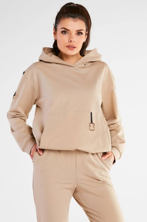Bluza damska dresowa kangurka z kapturem bawełniana beżowa M248 Bluza damska dresowa kangurka z kapturem bawełniana beżowa M248
