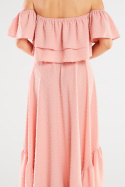 Spódnica asymetryczna midi z falbaną zwiewna letnia pudrowy różowy A422