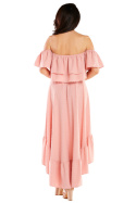 Spódnica asymetryczna midi z falbaną zwiewna letnia pudrowy różowy A422