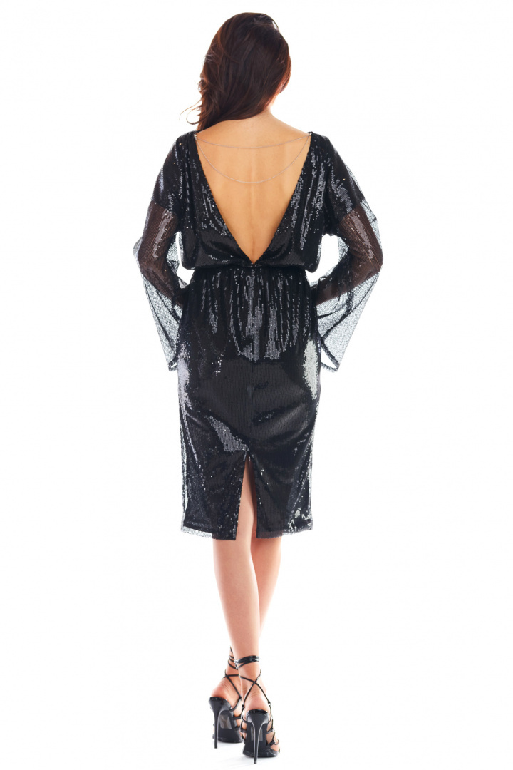 Sukienka cekinowa midi z dekoltem V na plecach czarna A402