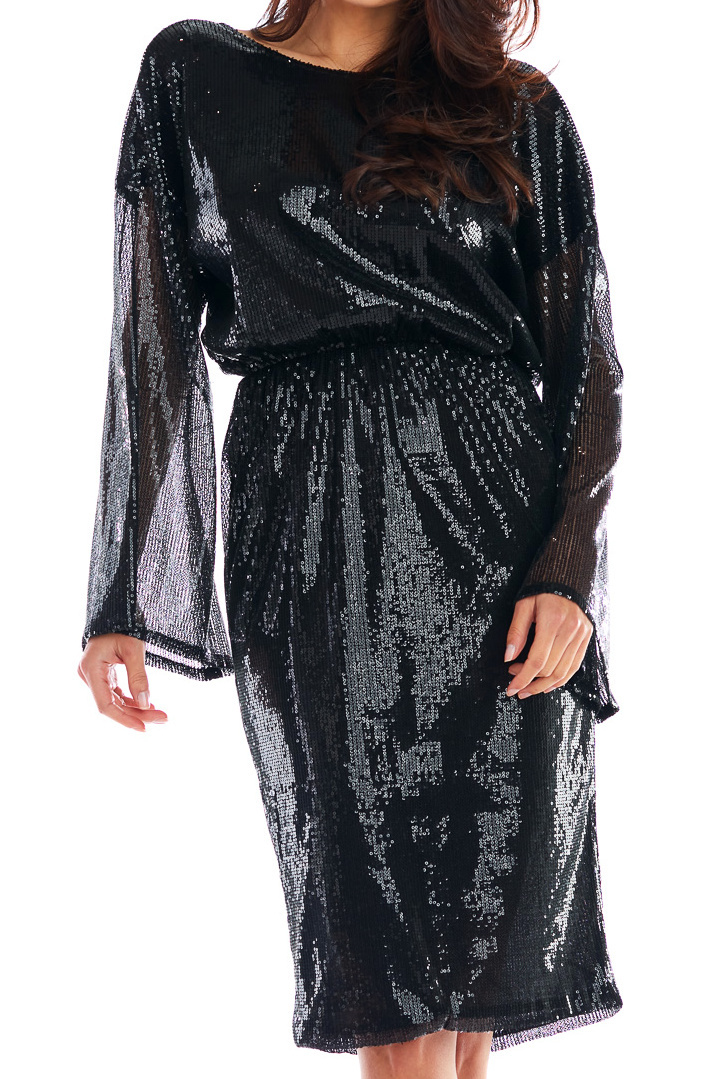 Sukienka cekinowa midi z dekoltem V na plecach czarna A402