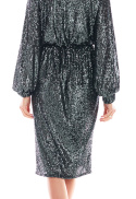 Sukienka cekinowa midi z długim rękawem i dekoltem V grafitowa A399