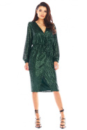 Sukienka cekinowa midi z długim rękawem i dekoltem V zielona A399