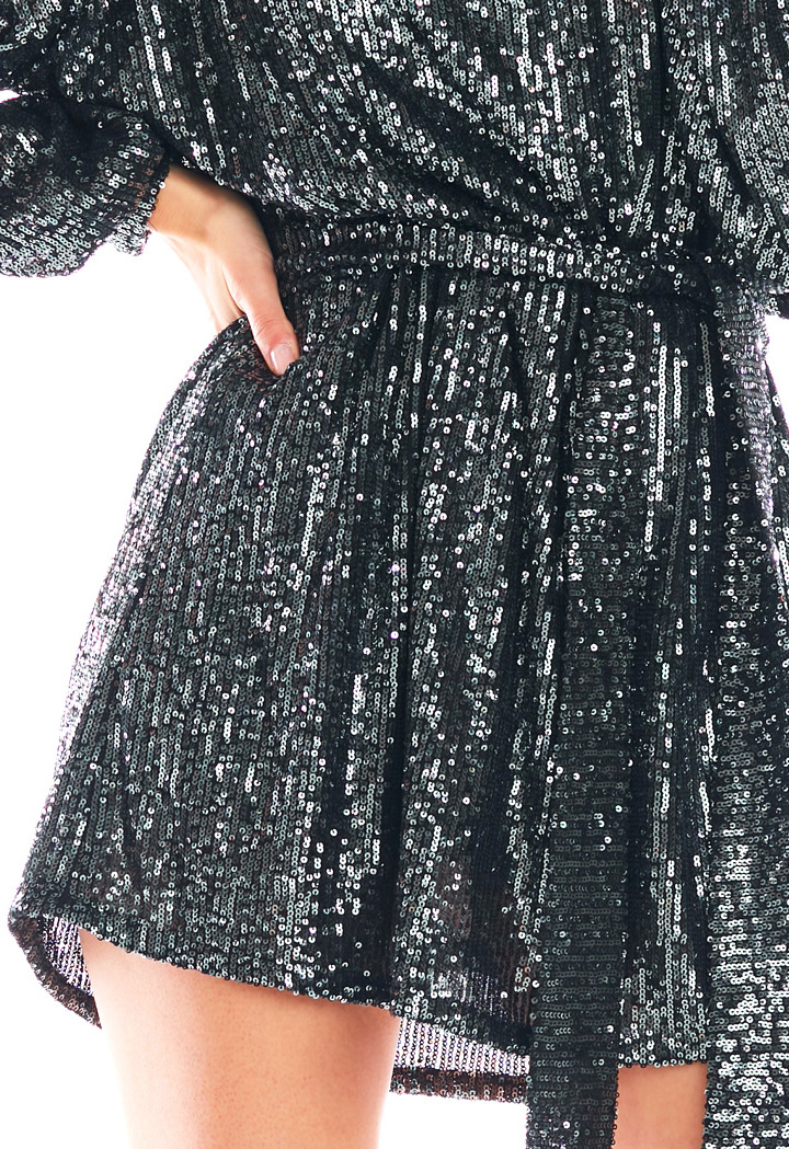 Sukienka cekinowa mini z długim rękawem i wiązaniem grafitowa A400