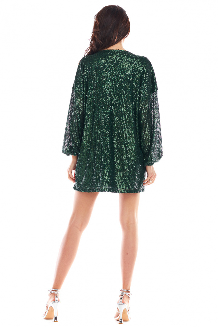Sukienka cekinowa mini z długim rękawem i wiązaniem zielona A400