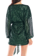 Sukienka cekinowa mini z długim rękawem i wiązaniem zielona A400