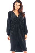 Sukienka welurowa midi z kopertowym dekoltem elastyczna czarna A406