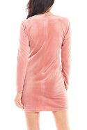 Sukienka welurowa mini z rozporkiem z przodu dopasowana różowa A404