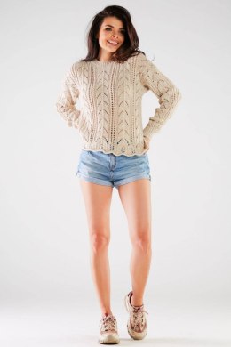 Sweter damski krótki ażurowy z długim rękawem beżowy A446