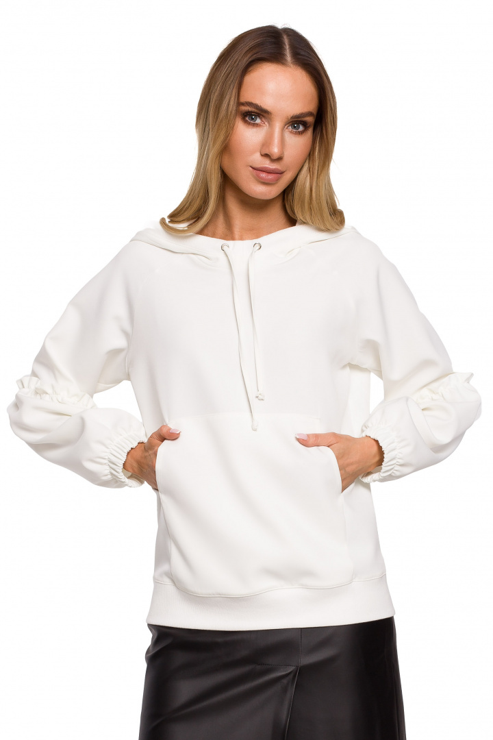 Bluza damska kangurka z kapturem falbanki na rękawach ecru me609 Bluza damska kangurka z kapturem falbanki na rękawach ecru me609