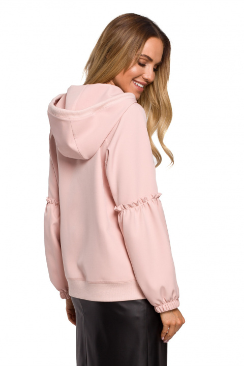 Bluza damska kangurka z kapturem falbanki na rękawach pudrowa me609 Bluza damska kangurka z kapturem falbanki na rękawach pudrowa me609