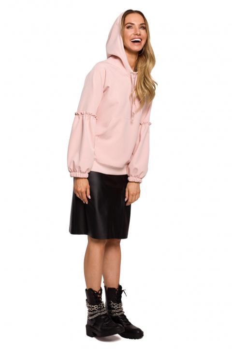 Bluza damska kangurka z kapturem falbanki na rękawach pudrowa me609 Bluza damska kangurka z kapturem falbanki na rękawach pudrowa me609