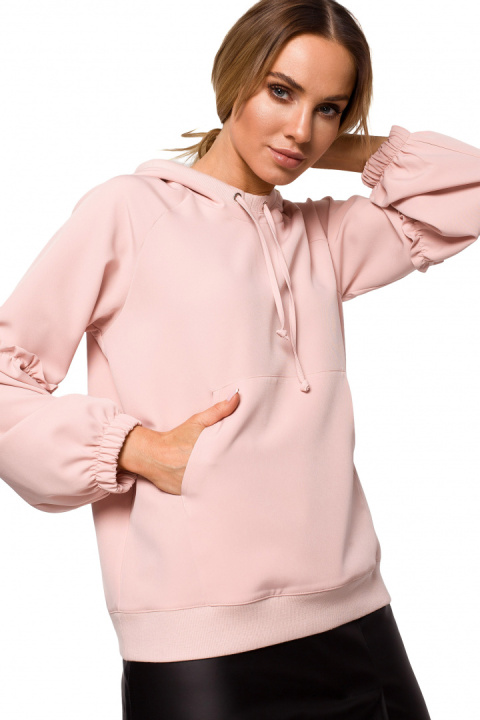 Bluza damska kangurka z kapturem falbanki na rękawach pudrowa me609 Bluza damska kangurka z kapturem falbanki na rękawach pudrowa me609