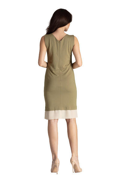 Elegancka sukienka midi z wiskozy bez rękawów z dekoltem oliwkowa L016 Elegancka sukienka midi z wiskozy bez rękawów z dekoltem oliwkowa L016