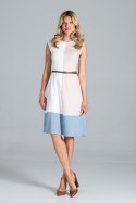Sukienka midi trzykolorowa bez rękawów ecru/róż/niebieski M815