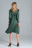 Elegancka sukienka midi satynowa rozkloszowana dekolt V zielona M825