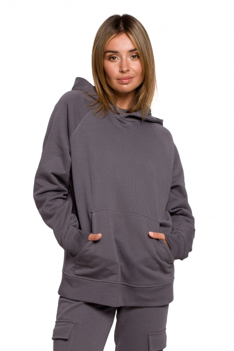 Bluza damska kangurka dresowa z kapturem i ściągaczem antracytowa B198 Bluza damska kangurka dresowa z kapturem i ściągaczem antracytowa B198