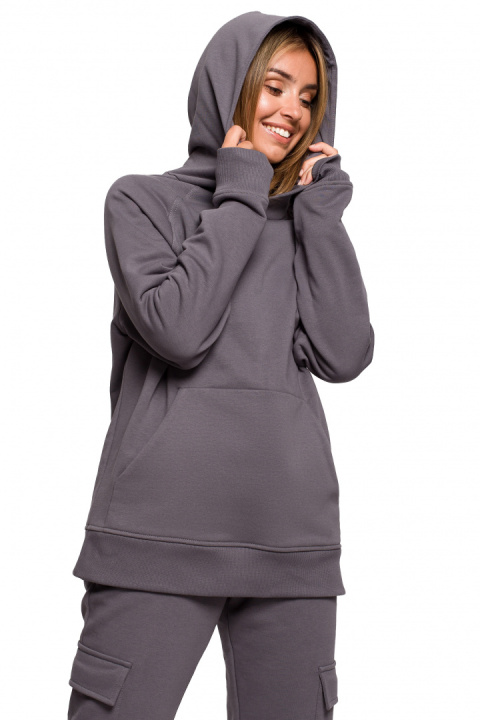 Bluza damska kangurka dresowa z kapturem i ściągaczem antracytowa B198 Bluza damska kangurka dresowa z kapturem i ściągaczem antracytowa B198