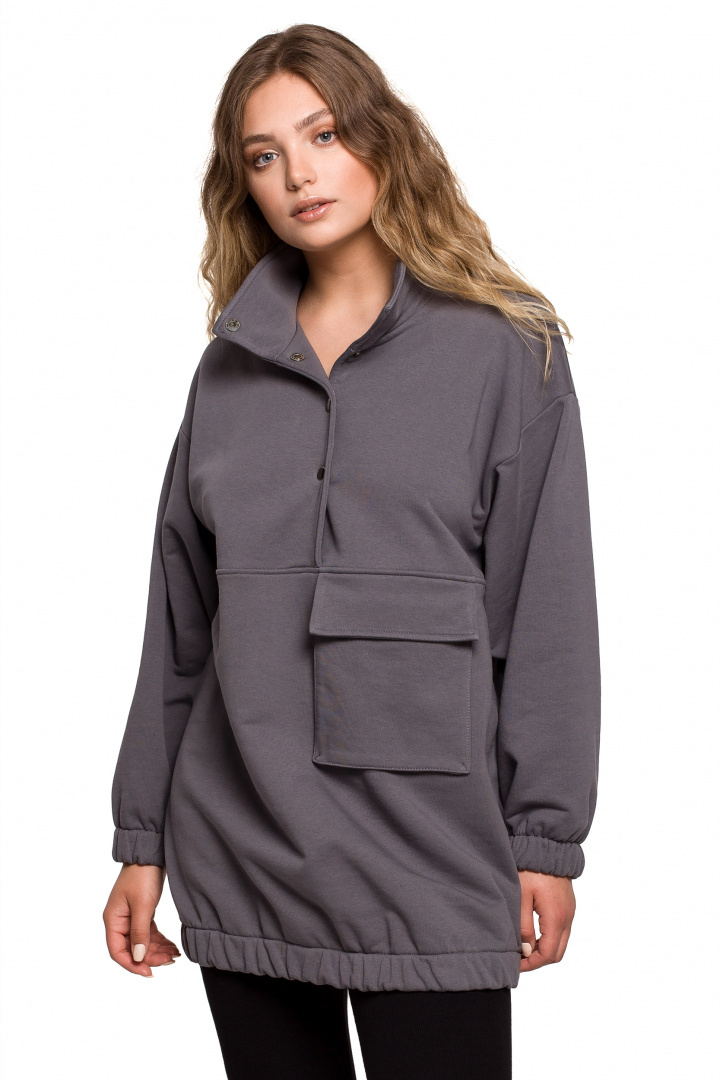 Bluza damska oversize długa z gumką i kieszenią antracytowa B202 Bluza damska oversize długa z gumką i kieszenią antracytowa B202