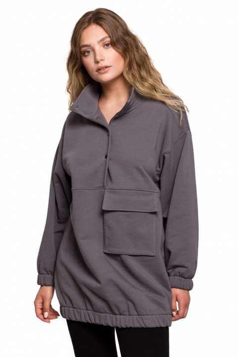 Bluza damska oversize długa z gumką i kieszenią antracytowa B202 Bluza damska oversize długa z gumką i kieszenią antracytowa B202