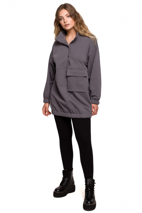 Bluza damska oversize długa z gumką i kieszenią antracytowa B202 Bluza damska oversize długa z gumką i kieszenią antracytowa B202