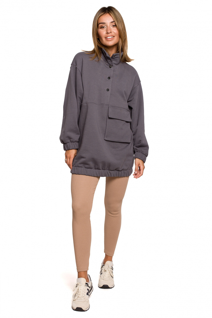 Bluza damska oversize długa z gumką i kieszenią antracytowa B202 Bluza damska oversize długa z gumką i kieszenią antracytowa B202