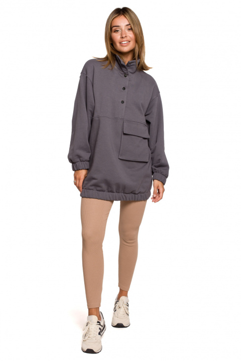 Bluza damska oversize długa z gumką i kieszenią antracytowa B202 Bluza damska oversize długa z gumką i kieszenią antracytowa B202