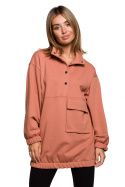 Bluza damska oversize długa z gumką i kieszenią ceglasta B202