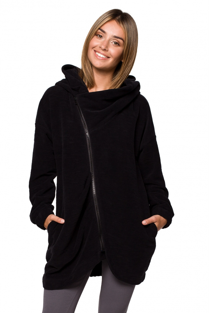 Bluza damska oversize długa rozpinana z kapturem czarna B203 Bluza damska oversize długa rozpinana z kapturem czarna B203
