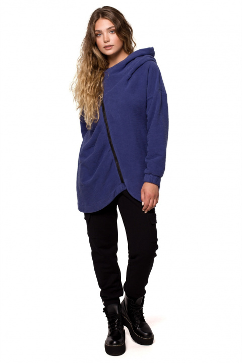 Bluza damska oversize długa rozpinana z kapturem indygo B203 Bluza damska oversize długa rozpinana z kapturem indygo B203